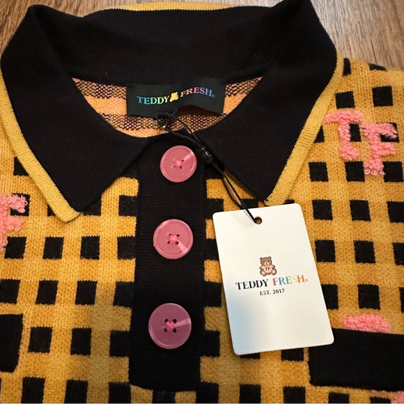 Teddy Fresh yellow Black Checkered knit Sweater size large FLAWS unique collared - Picture 4 of 11